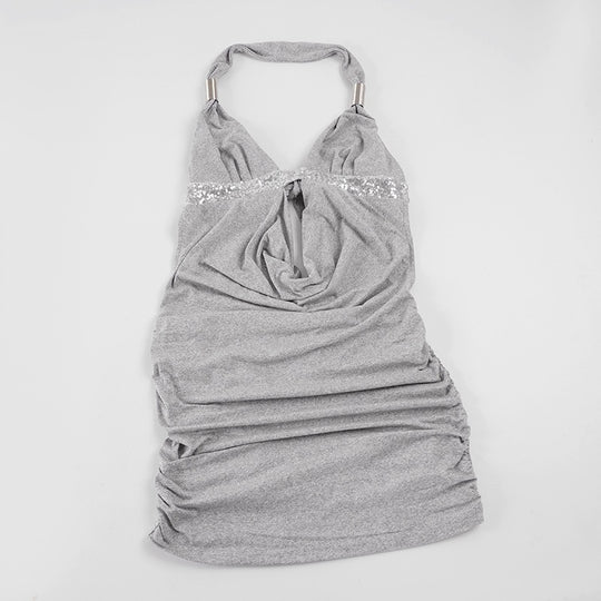 Damen Elegantes Halterkleid mit Raffungen und funkelnden Akzenten EB