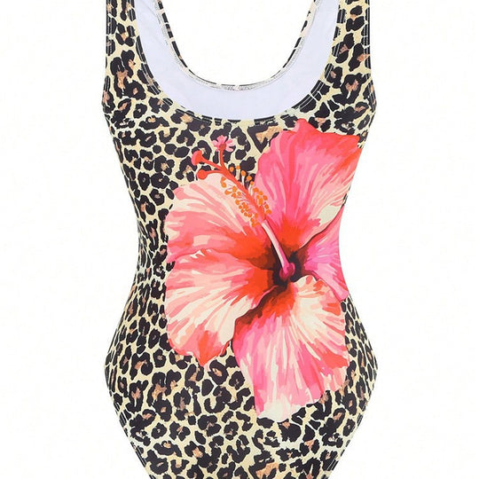 Damen Einteiler Badeanzug mit floralen Akzenten und tierischem Muster EB