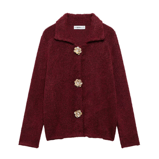 Damen nan kurz geschnittene Bouclé-Jacke mit dekorativen Blumenknöpfen und rundem Umlegekragen EB