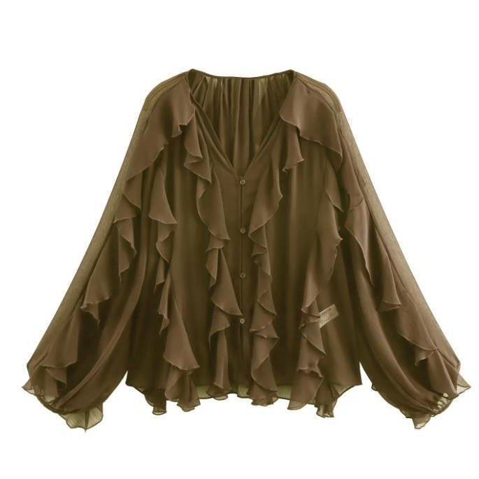 Damen Rüschenbluse mit weitem Schnitt und ballonartigen Ärmeln EB