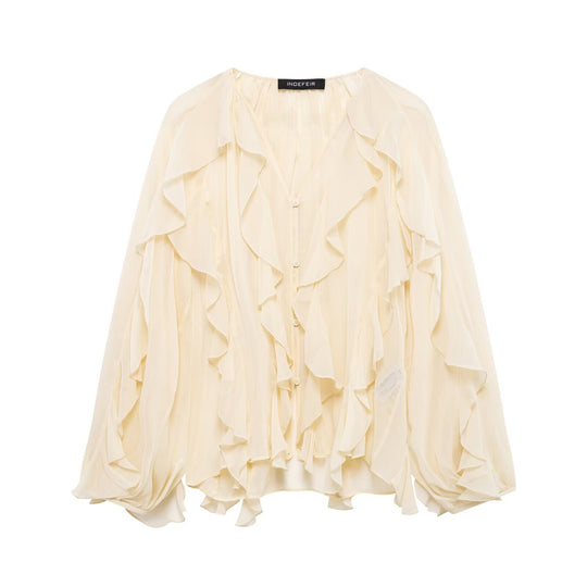 Damen nan feminine Chiffon-Volantbluse mit Ballonärmeln und V-Ausschnitt EB