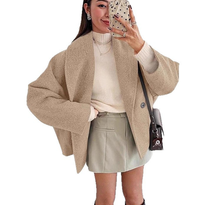 Damen nan oversized Teddyjacke mit großem Schalkragen und Ein-Knopf-Verschluss EB