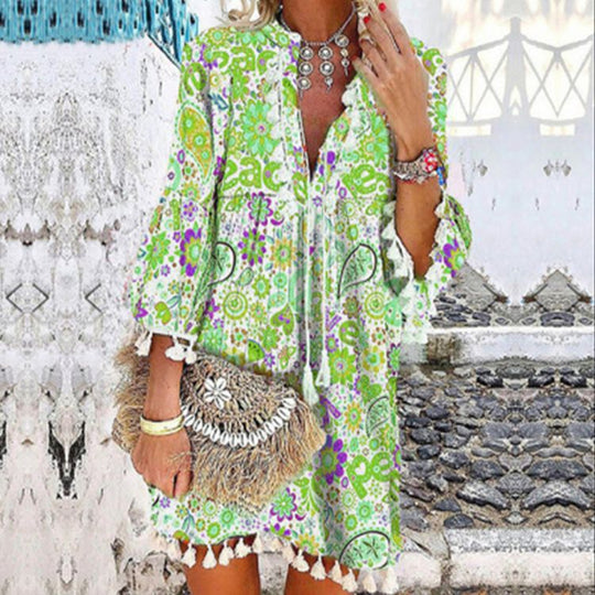 Damen Tunika-Kleid mit kreativem Print und Taschendetails EB