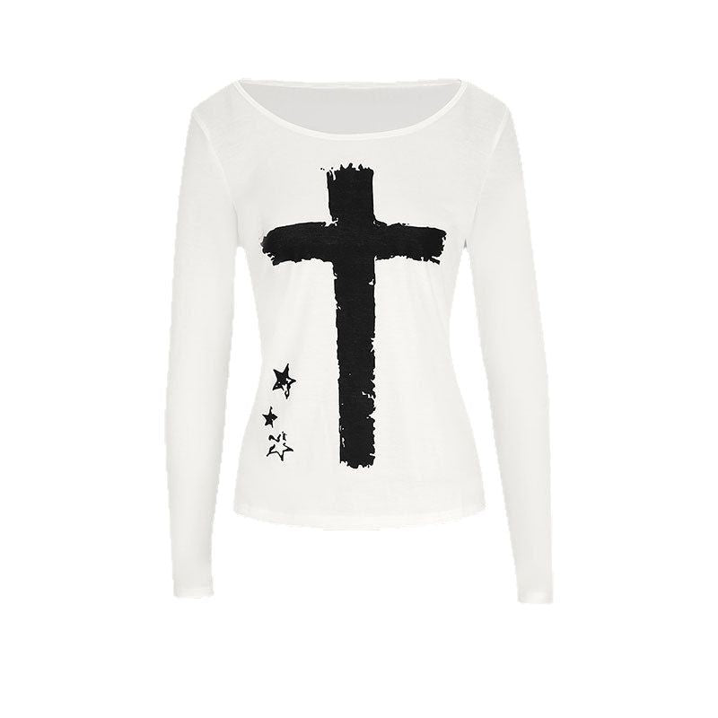 Damen Langarm-T-Shirt mit kreativem Motiv und Rundhalsausschnitt EB