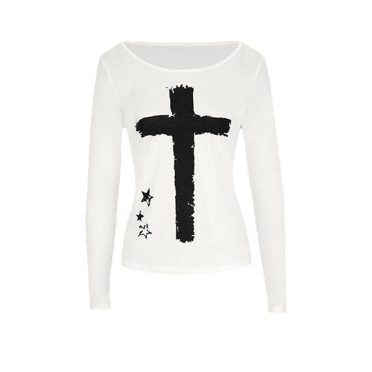 Damen Langarm-T-Shirt mit kreativem Motiv und Rundhalsausschnitt EB