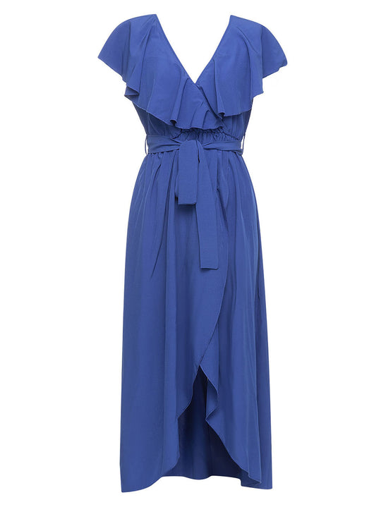 Damen Maxikleid mit elegantem Rüschensaum und schickem Taillengürtel EB