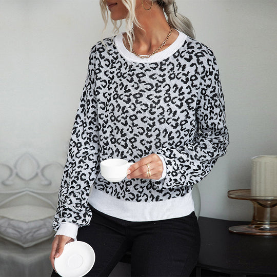 Damen Gemusterter Strickpullover mit Leopardenmuster EB