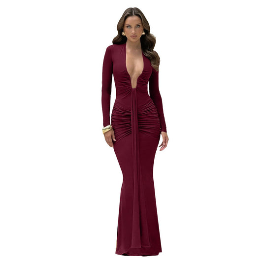 Damen langes Wickelkleid mit raffinierten Drapierungen und elegantem V-Ausschnitt EB