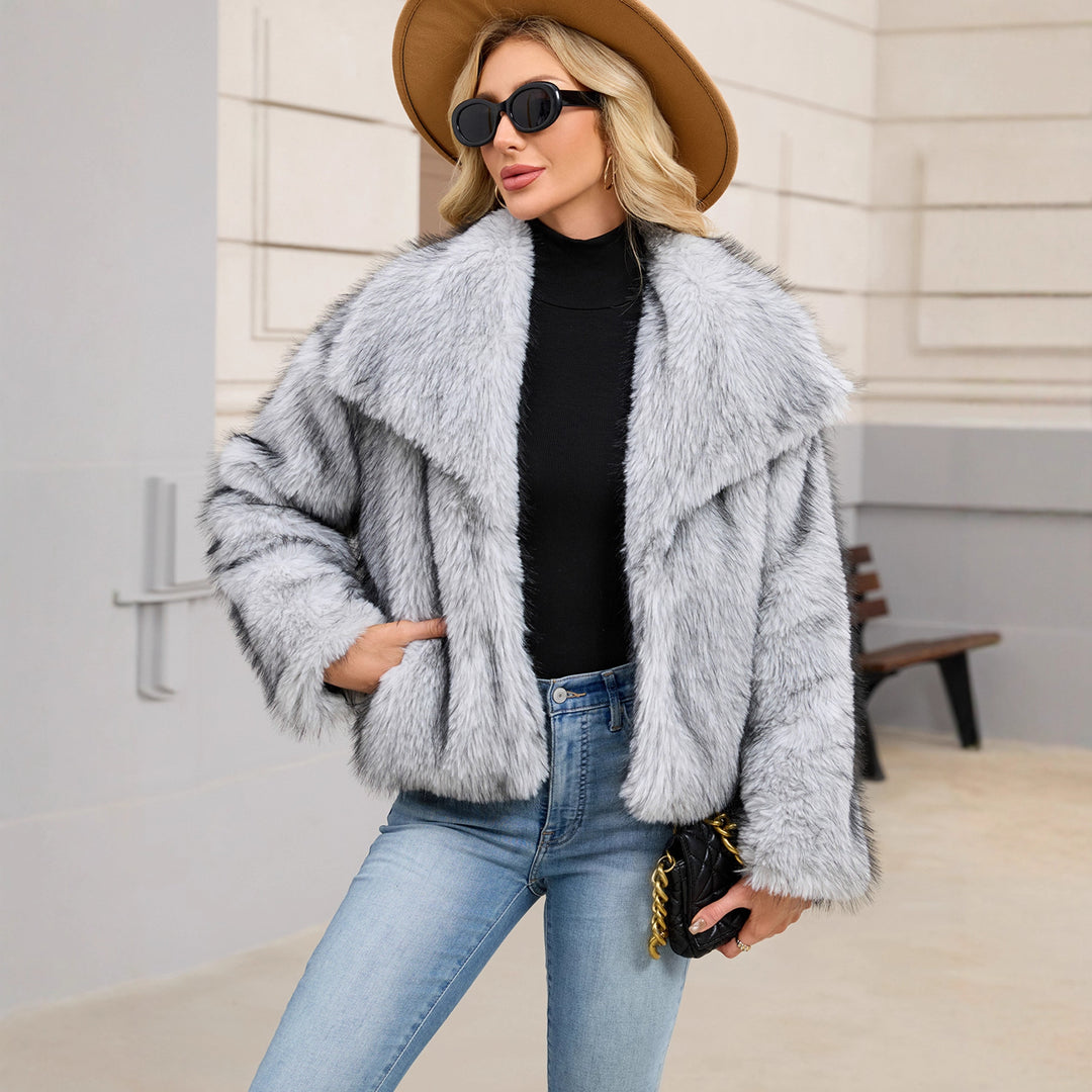 Damen Voluminöser Kunstpelzmantel mit breitem Revers EB