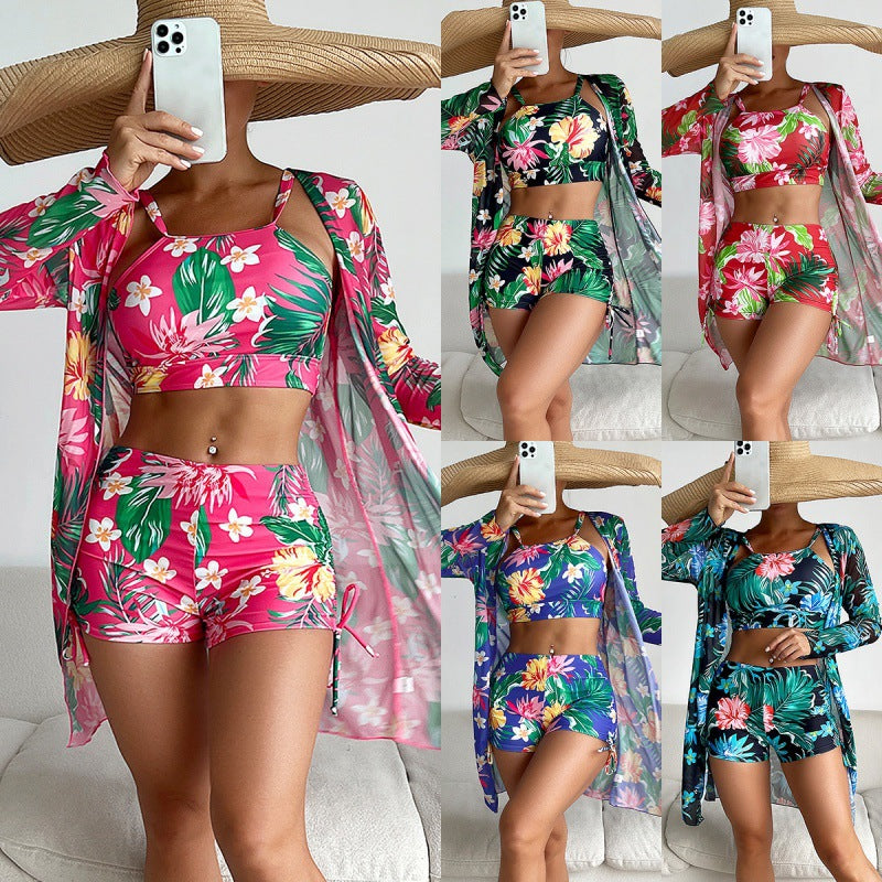 Damen Sport-Bikini-Set mit farbenfrohem Floralprint und lässiger Wickeljacke EB