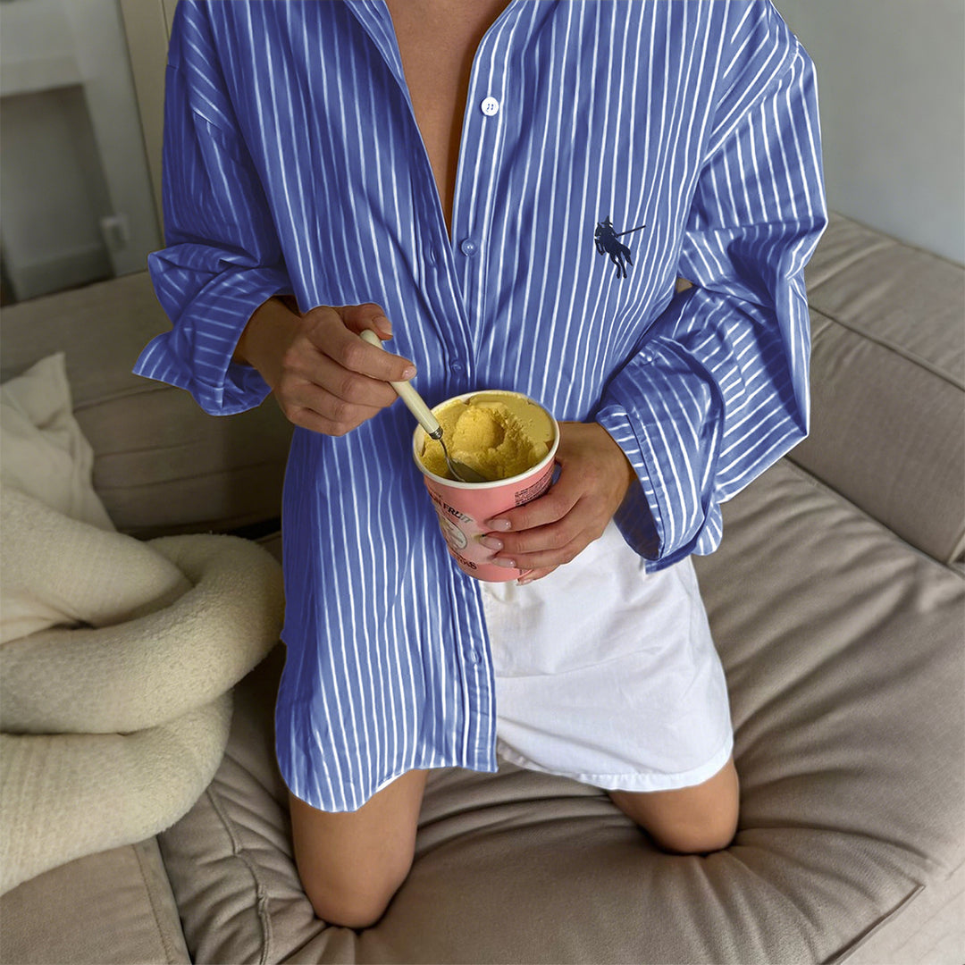 Damen nan oversized gestreifte Hemdbluse mit verlängertem Rückteil und extraweiten Manschetten EB