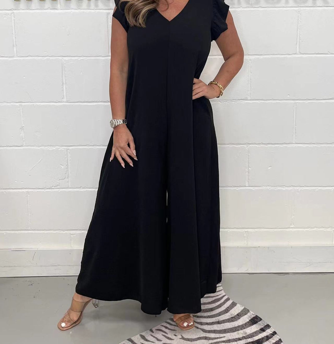 Damen luftiger Jumpsuit mit weit geschnittenem Bein und V-Ausschnitt EB