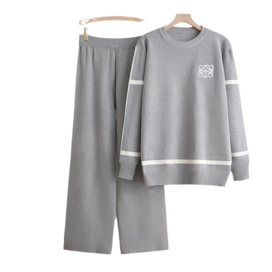 Damen modisches Freizeit-Loungewear-Set mit breiten Beinen und dezentem Logo EB