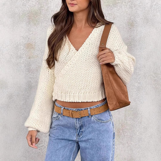Damen kuscheliger Strickpullover mit modernem Wickeldesign EB