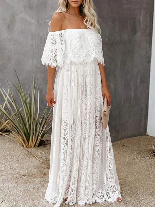 Damen Maxikleid mit eleganter Spitze und schulterfreiem Design EB