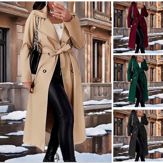 Damen Eleganter Trenchcoat mit Taillengürtel und doppelt geknöpften Details EB