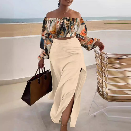 Damen Off-Shoulder Maxikleid mit eleganten Raffungseffekten und Seitenschlitz EB