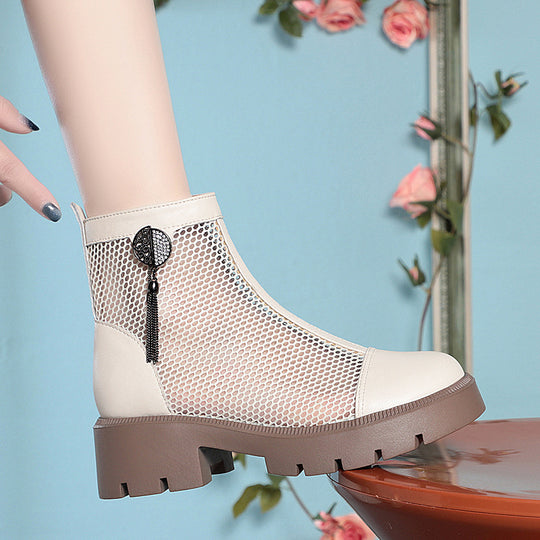 Damen Mesh-Stiefeletten mit robustem Blockabsatz und elegantem Schmuckdetail EB