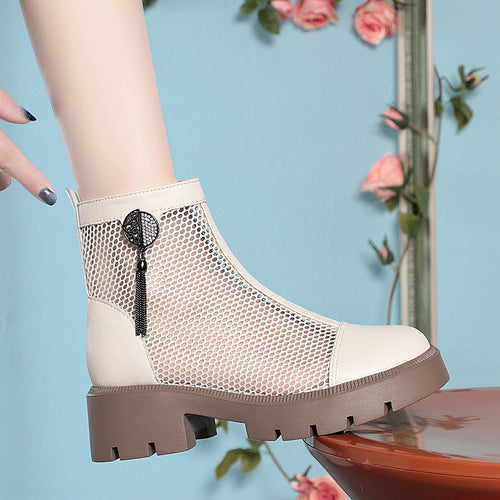 Damen Mesh-Stiefeletten mit robustem Blockabsatz und elegantem Schmuckdetail EB