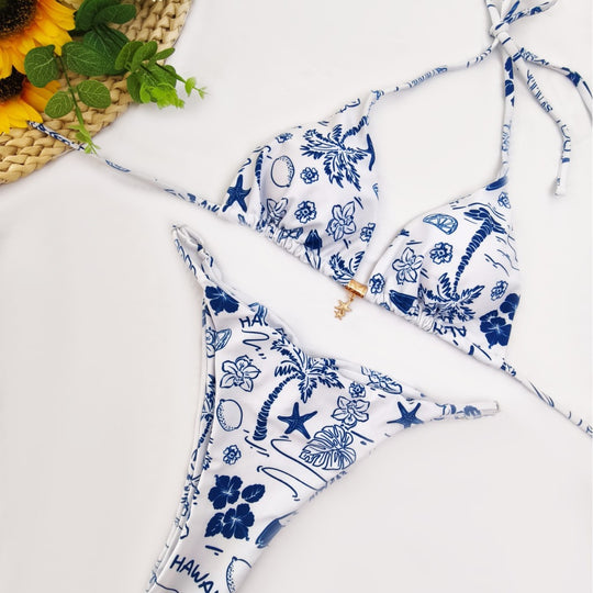 Damen Triangel-Bikini mit floralem Design und verstellbaren Trägern EB