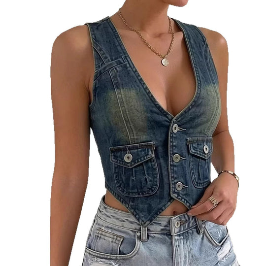 Damen ärmellose Denim-Weste mit aufgesetzten Taschen und tiefem V-Ausschnitt EB