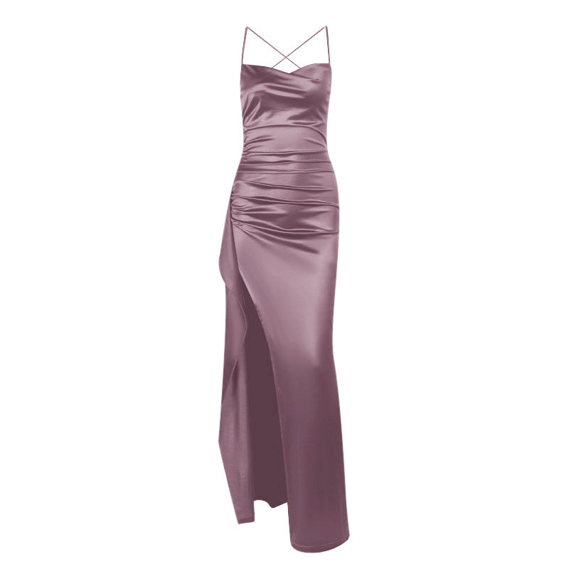 Damen elegantes Satin-Kleid mit tiefem Schlitz und verstellbaren Spaghetti-Trägern EB