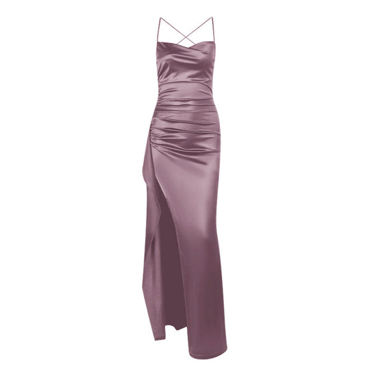 Damen elegantes Satin-Kleid mit tiefem Schlitz und verstellbaren Spaghetti-Trägern EB
