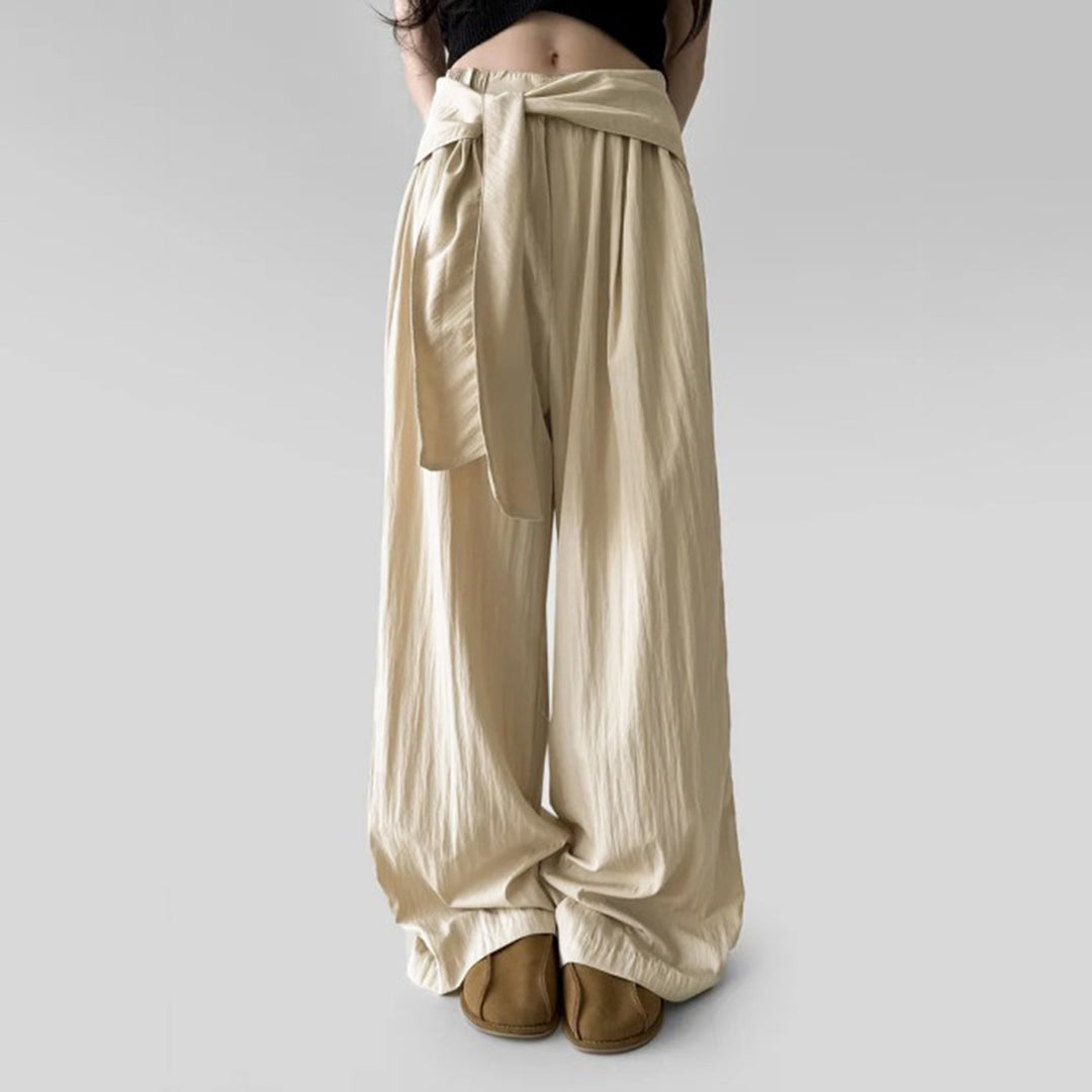 Damen nan Highwaist Leinenhose mit weitem Bein und dekorativem Bindegürtel EB