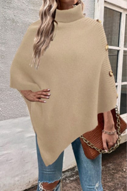 Damen Strick-Poncho mit hohem Kragen und Knopfdetails EB