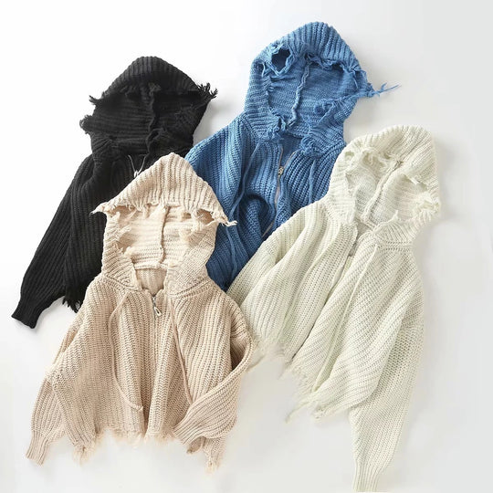 Damen lockerer Strickhoodie mit Übergroßer Kapuze und Fransen EB