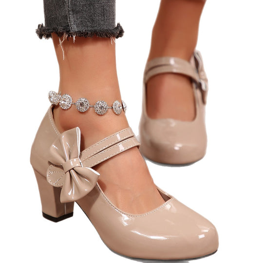 Damen Mary Jane Pumps mit modischer Schleifenapplikation und glänzender Oberfläche EB