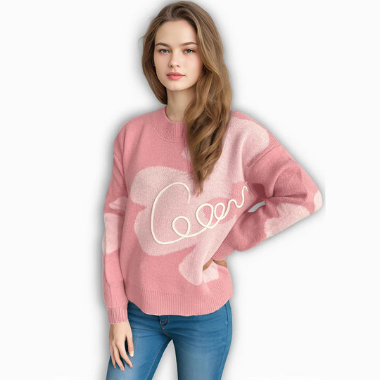 Damen gemütlicher Pullover mit kreativem Schriftzug und modernem Design EB