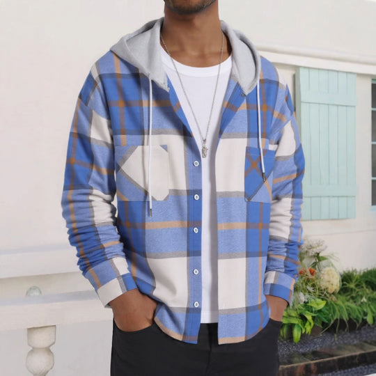 Herren Karierte Flanelljacke mit Hoodie und praktischen Taschen EB