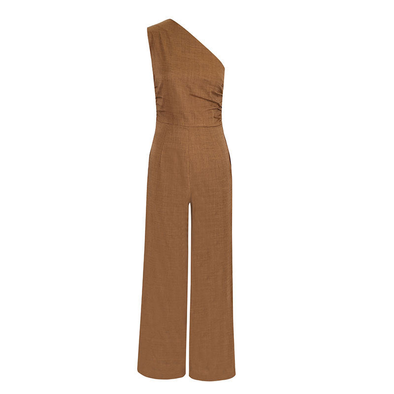 Damen eleganter Jumpsuit mit asymmetrischem Ausschnitt und fließendem Schnitt EB