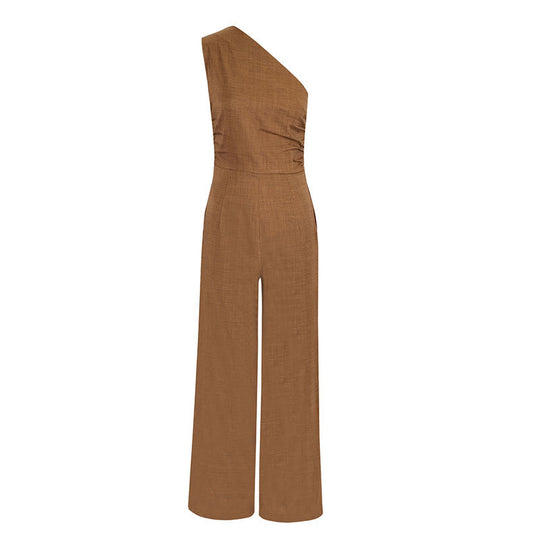 Damen eleganter Jumpsuit mit asymmetrischem Ausschnitt und fließendem Schnitt EB