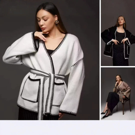 Damen Strickjacke mit Bändern und großen Taschen EB