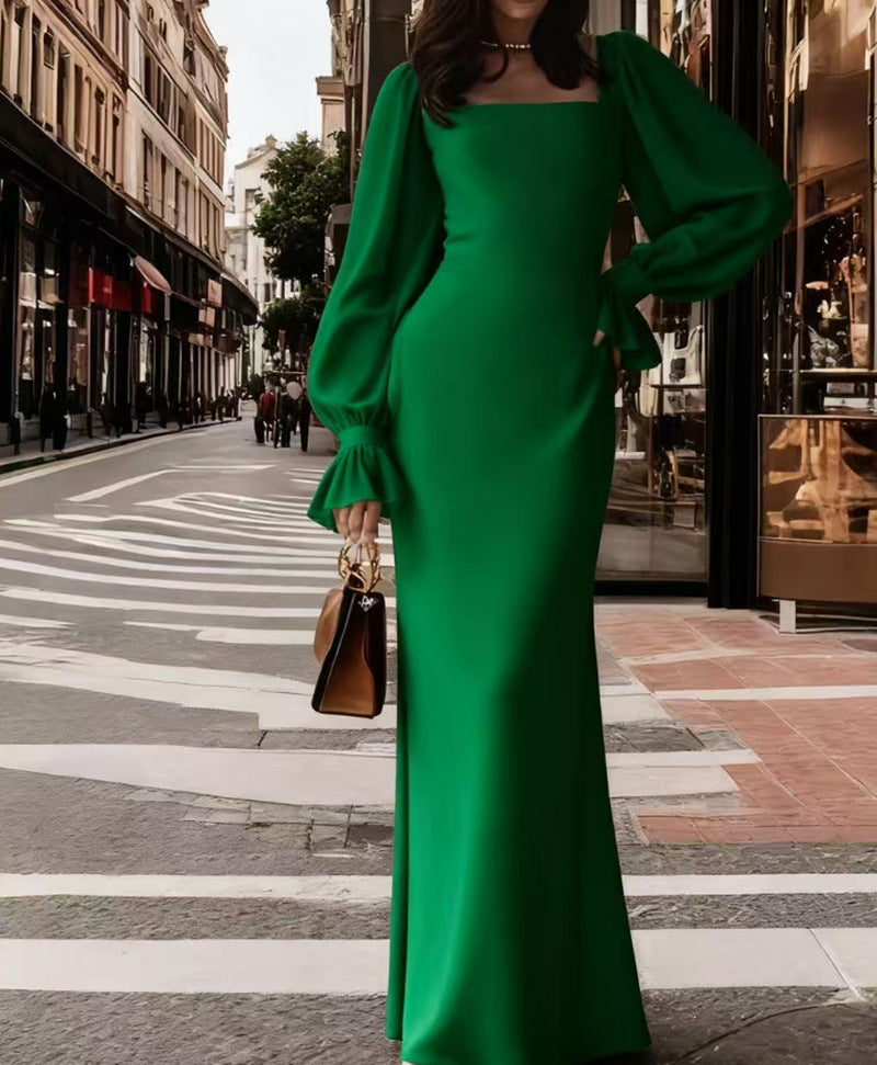 Damen elegantes Maxikleid mit Puffärmeln und quadratischem Ausschnitt EB