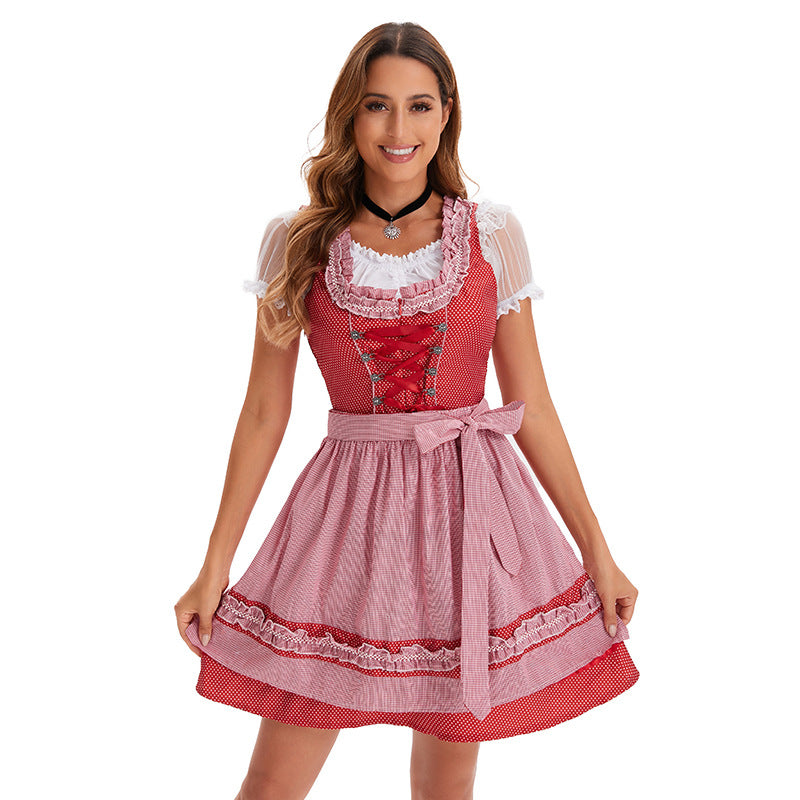 Damen nan kurzes traditionelles Dirndlkleid mit Korsett-Schnürung Spitzendetails und bindbarer Schürze EB