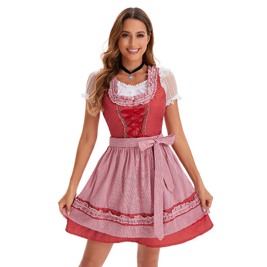 Damen nan kurzes traditionelles Dirndlkleid mit Korsett-Schnürung Spitzendetails und bindbarer Schürze EB