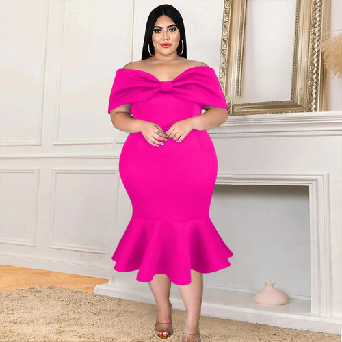 Damen figurbetontes Kleid mit schulterfreiem Design und voluminösem Schleifenakzent EB
