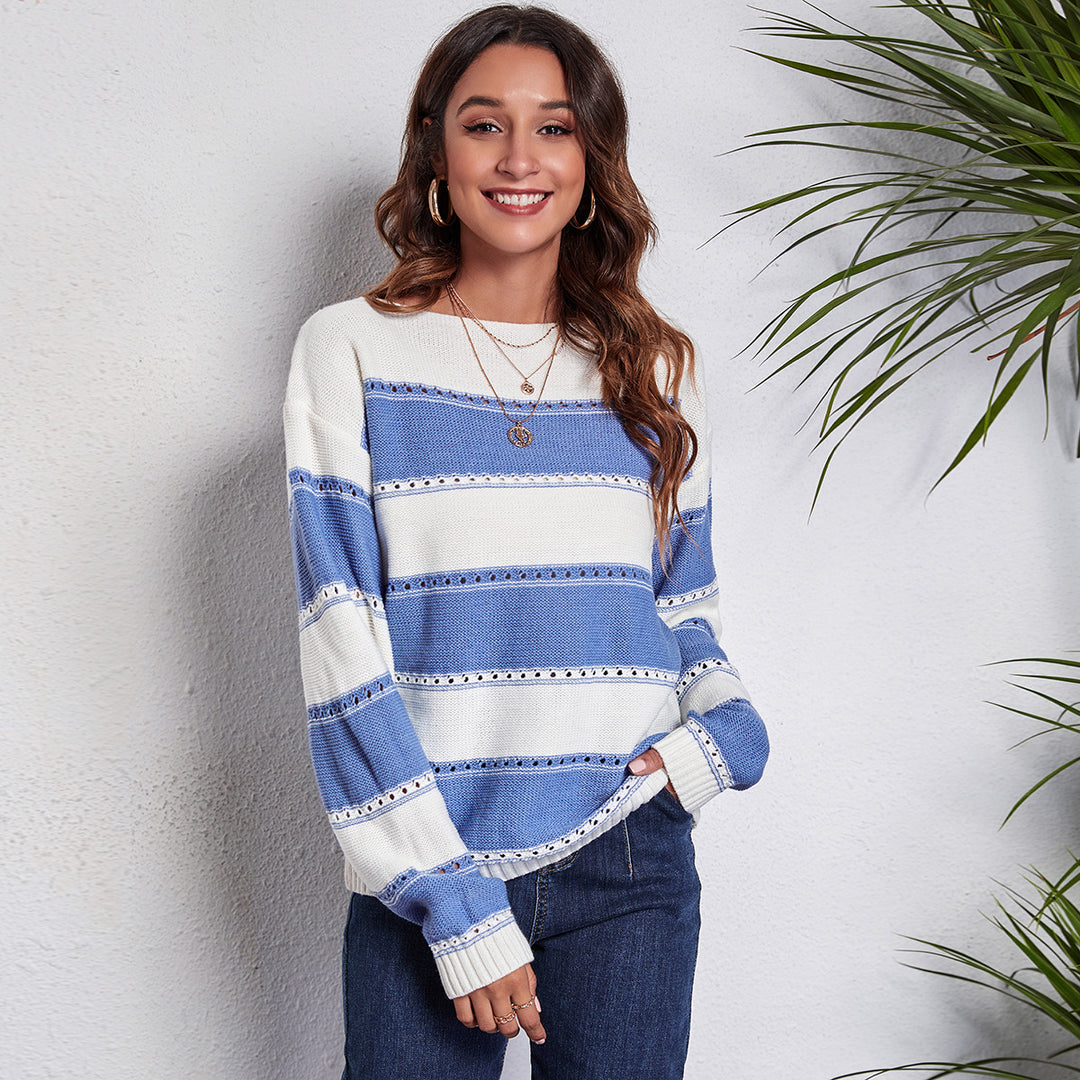 Damen Freizeit Pullover mit modernem Lochmuster und Streifen-Design EB