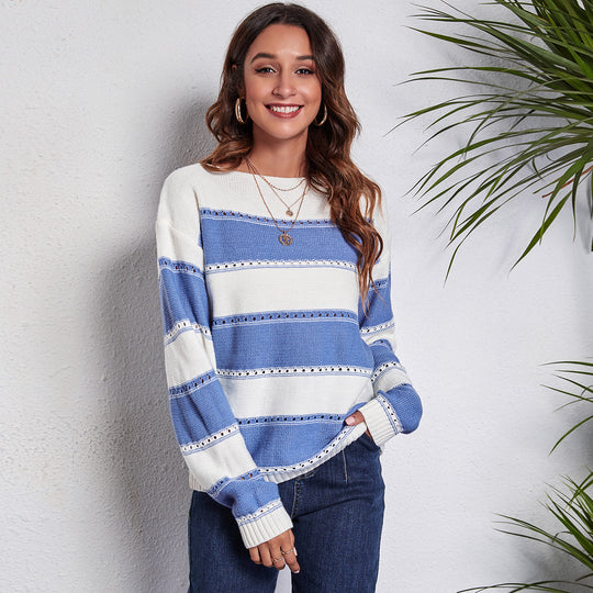 Damen Freizeit Pullover mit modernem Lochmuster und Streifen-Design EB