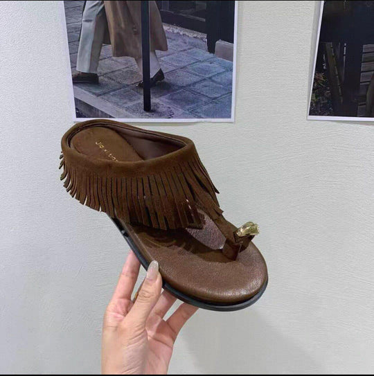 Damen elegante Flip-Flops mit fransiger Lederoptik und komfortablem Fußbett EB