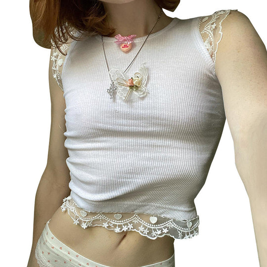 Damen zartes Crop-Top mit romantischer Spitzenkante EB