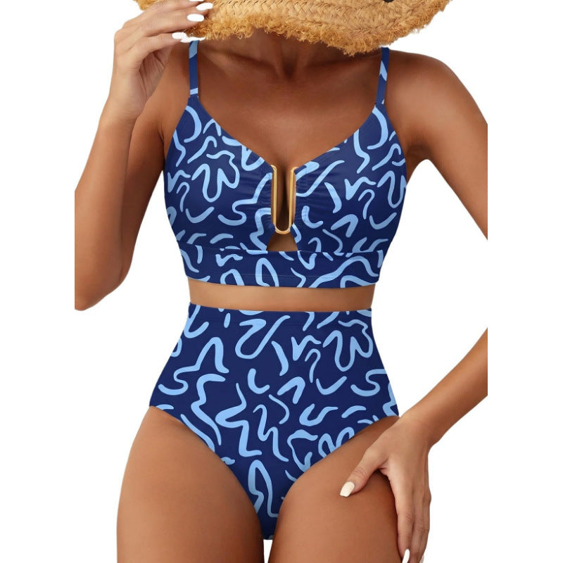 Damen Hoch geschnittener Bikini mit floralem Muster und Leo-Print EB