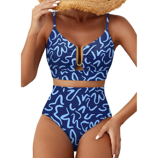 Damen Hoch geschnittener Bikini mit floralem Muster und Leo-Print EB
