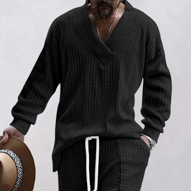 Herren Zopfstrick-Loungewear-Set mit tiefem V-Ausschnitt, Relaxed-Fit & Kordelhose EB