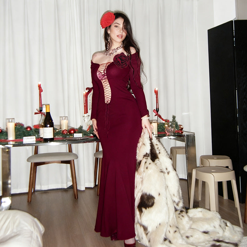 Damen figurbetontes Maxikleid mit Schnürung und floralem Detail EB
