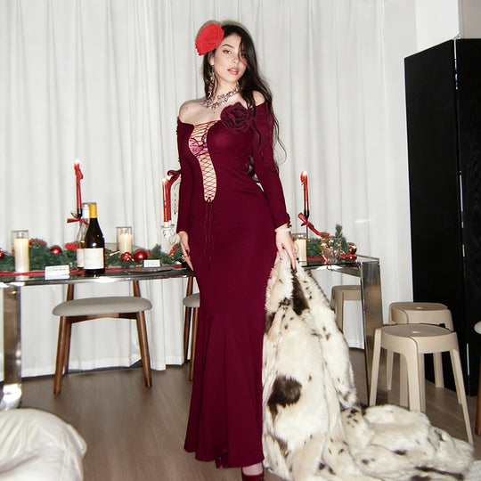Damen figurbetontes Maxikleid mit Schnürung und floralem Detail EB