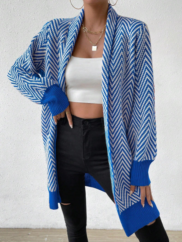 Damen langärmlige Strickjacke im modernen Chevron-Design EB